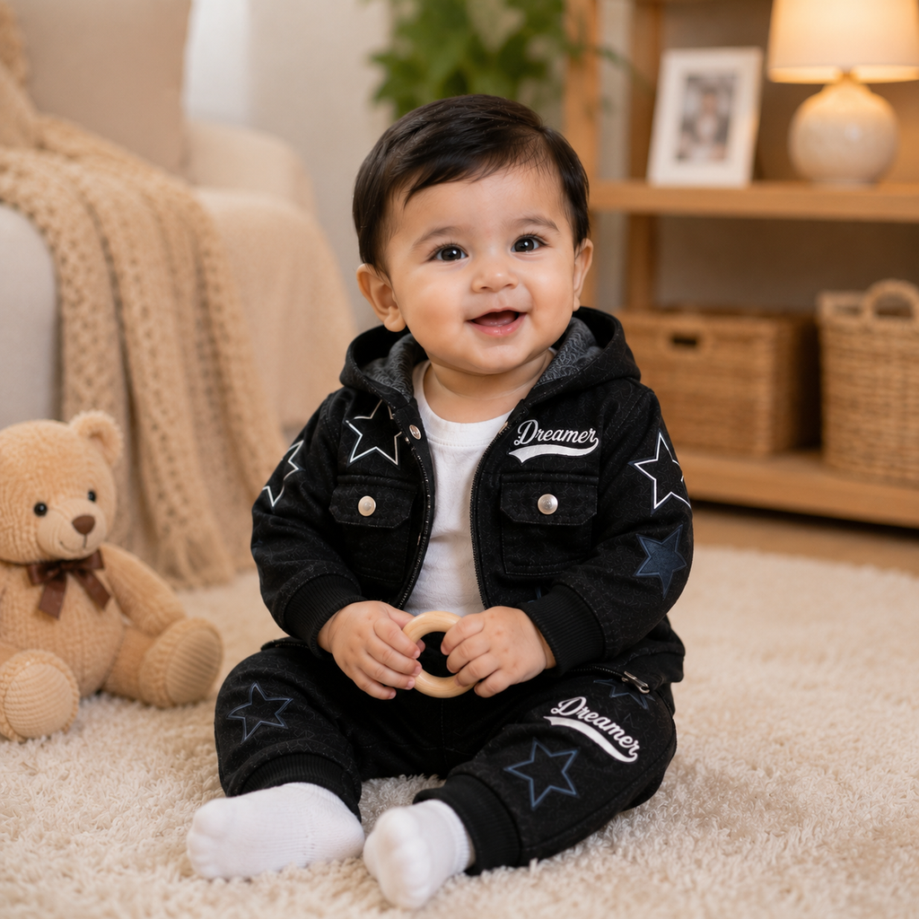Dreamer Star Denim Jacket & Pants Set for Baby Boys 🌟 Premium 3-Piece Co-ord Set | 4 Colors Available