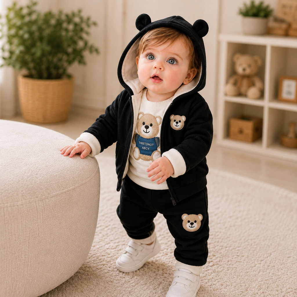 🧸 Cute Bear Hoodie 3-Piece Baby Clothing Set | Soft Cotton Blend Jacket, T-Shirt & Jogger Pant | Premium Kids Outfit | Unisex | All Season Wear (0-5 Years)