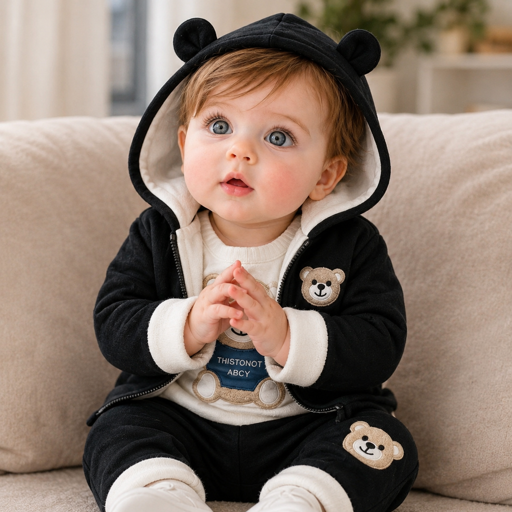 🧸 Cute Bear Hoodie 3-Piece Baby Clothing Set | Soft Cotton Blend Jacket, T-Shirt & Jogger Pant | Premium Kids Outfit | Unisex | All Season Wear (0-5 Years)
