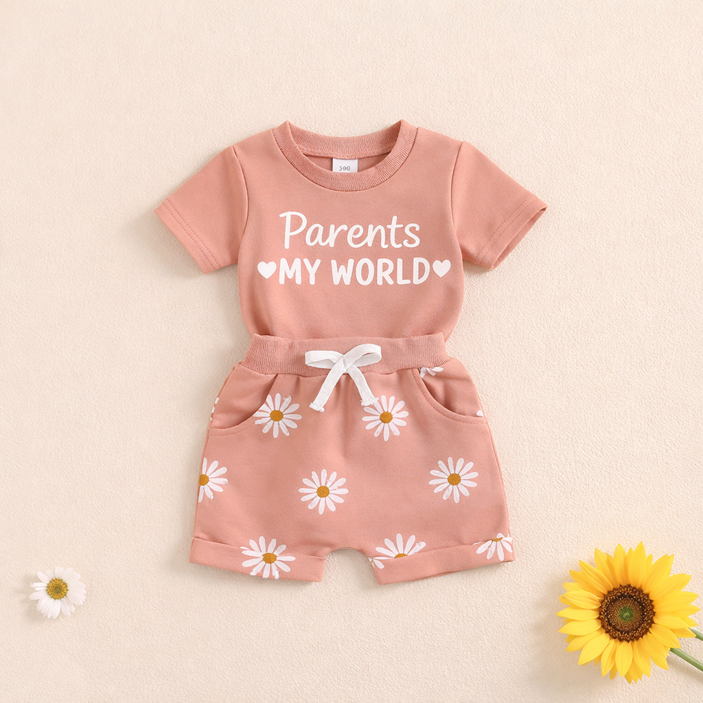 🌸 Parents My World Kids Summer Co-Ord Set 💖 | Soft Cotton T-Shirt & Daisy Shorts Combo (3 Colors, 0–5 Years)