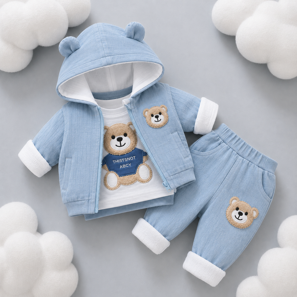 🧸 Cute Bear Hoodie 3-Piece Baby Clothing Set | Soft Cotton Blend Jacket, T-Shirt & Jogger Pant | Premium Kids Outfit | Unisex | All Season Wear (0-5 Years)