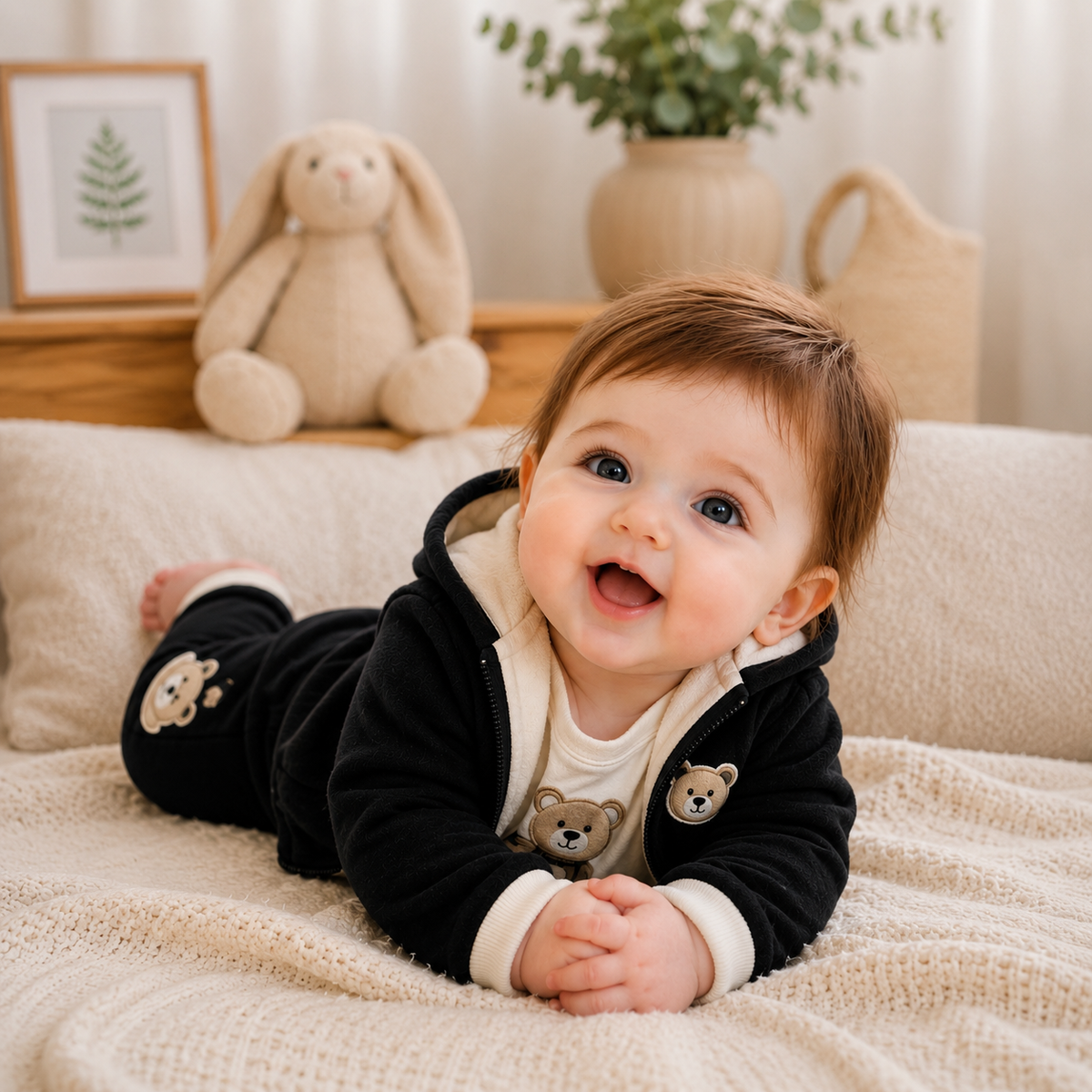 🧸 Cute Bear Hoodie 3-Piece Baby Clothing Set | Soft Cotton Blend Jacket, T-Shirt & Jogger Pant | Premium Kids Outfit | Unisex | All Season Wear (0-5 Years)