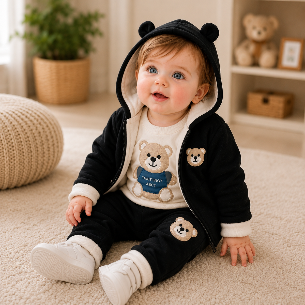 🧸 Cute Bear Hoodie 3-Piece Baby Clothing Set | Soft Cotton Blend Jacket, T-Shirt & Jogger Pant | Premium Kids Outfit | Unisex | All Season Wear (0-5 Years)