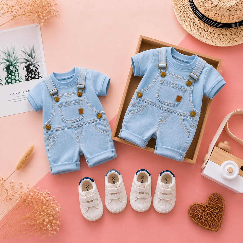 Baby Boy Denim Dungaree Set with Blue Tee 👶🩵