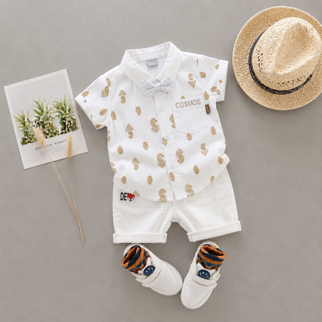 Baby Boys Formal Summer Outfit Set with Bow Tie & Shorts – Available in White, Black & Sky Blue