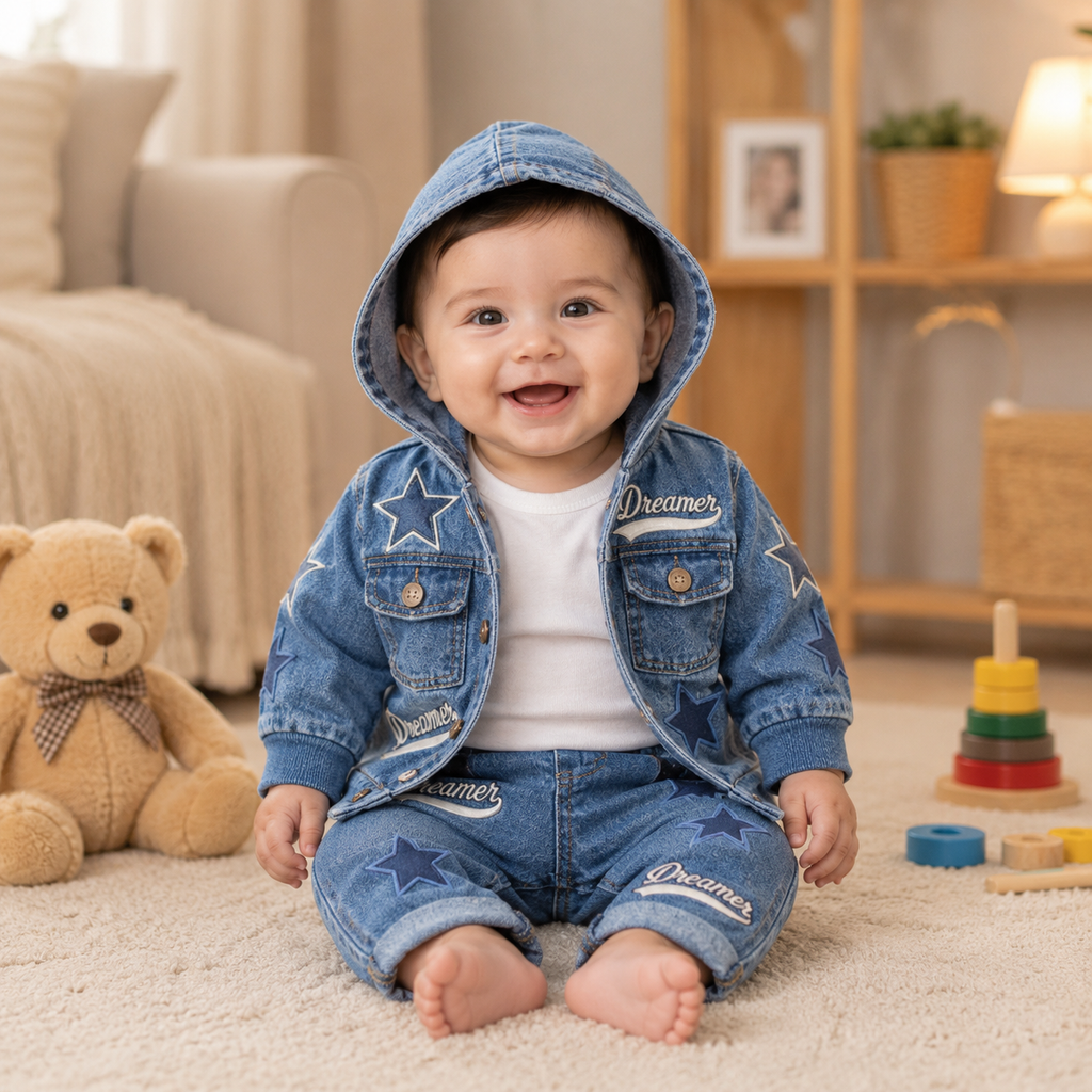 Dreamer Star Denim Jacket & Pants Set for Baby Boys 🌟 Premium 3-Piece Co-ord Set | 4 Colors Available