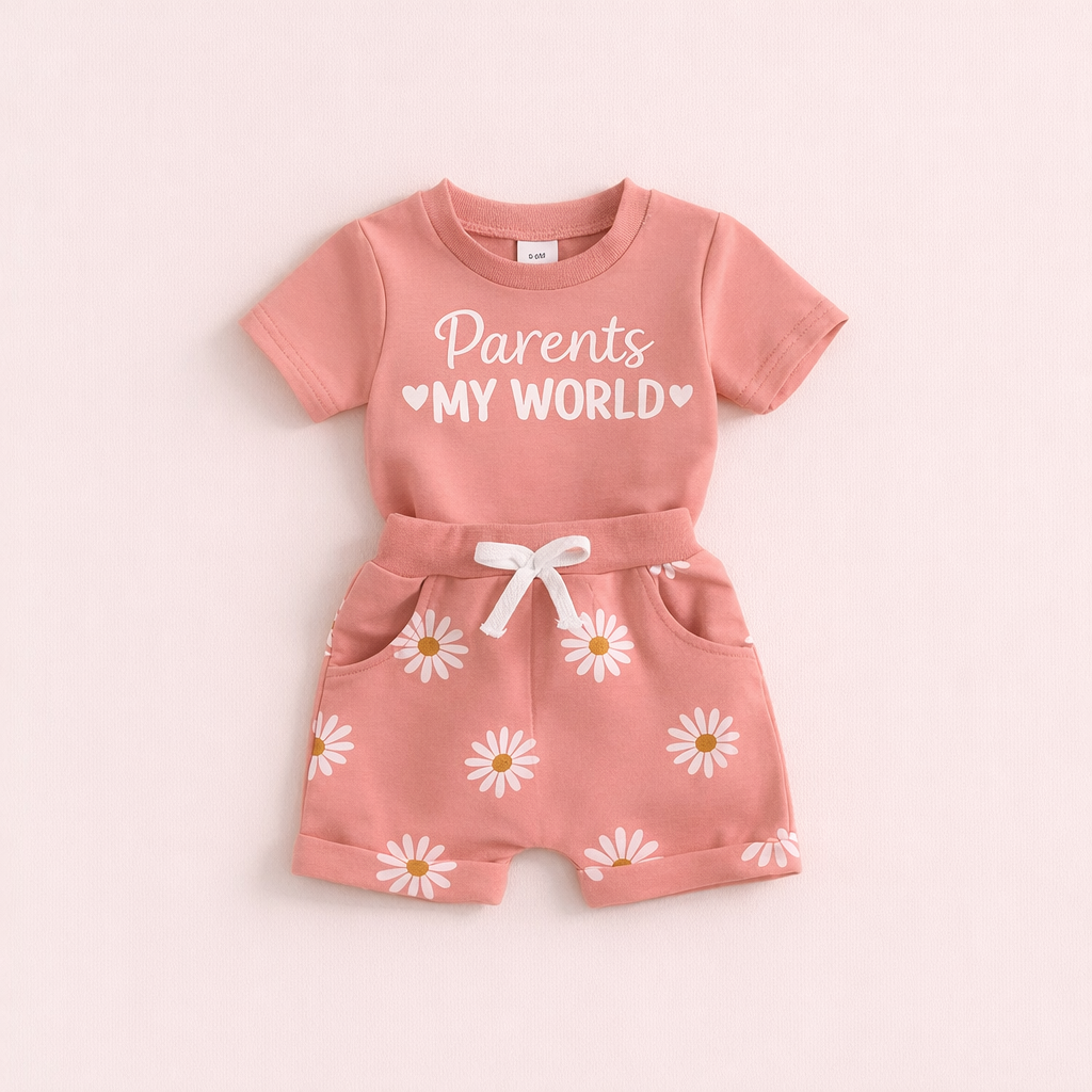 🌸 Parents My World Kids Summer Co-Ord Set 💖 | Soft Cotton T-Shirt & Daisy Shorts Combo (3 Colors, 0–5 Years)