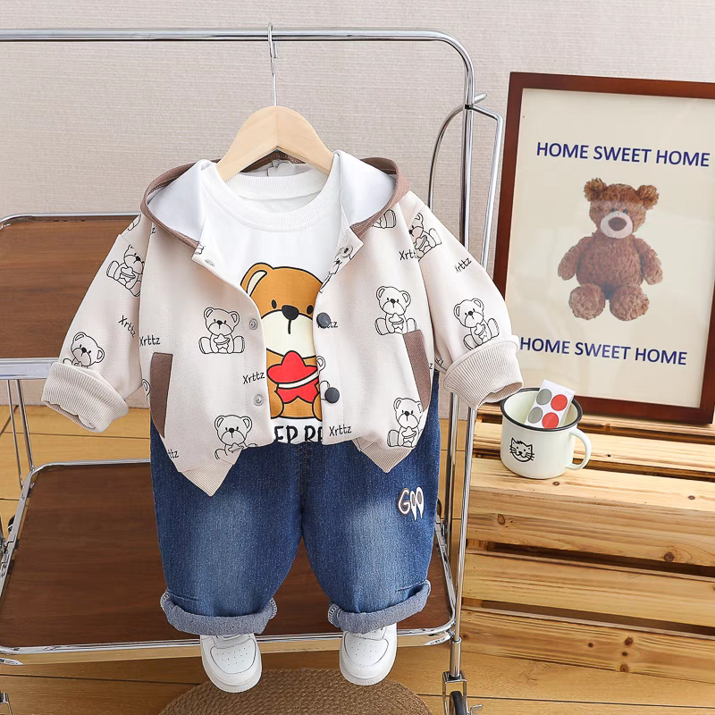 🧸 Cute Bear Print 3-Piece Kids Outfit Set – Hoodie, T-Shirt & Jeans Combo