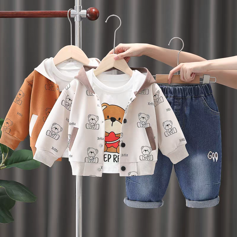 🧸 Cute Bear Print 3-Piece Kids Outfit Set – Hoodie, T-Shirt & Jeans Combo