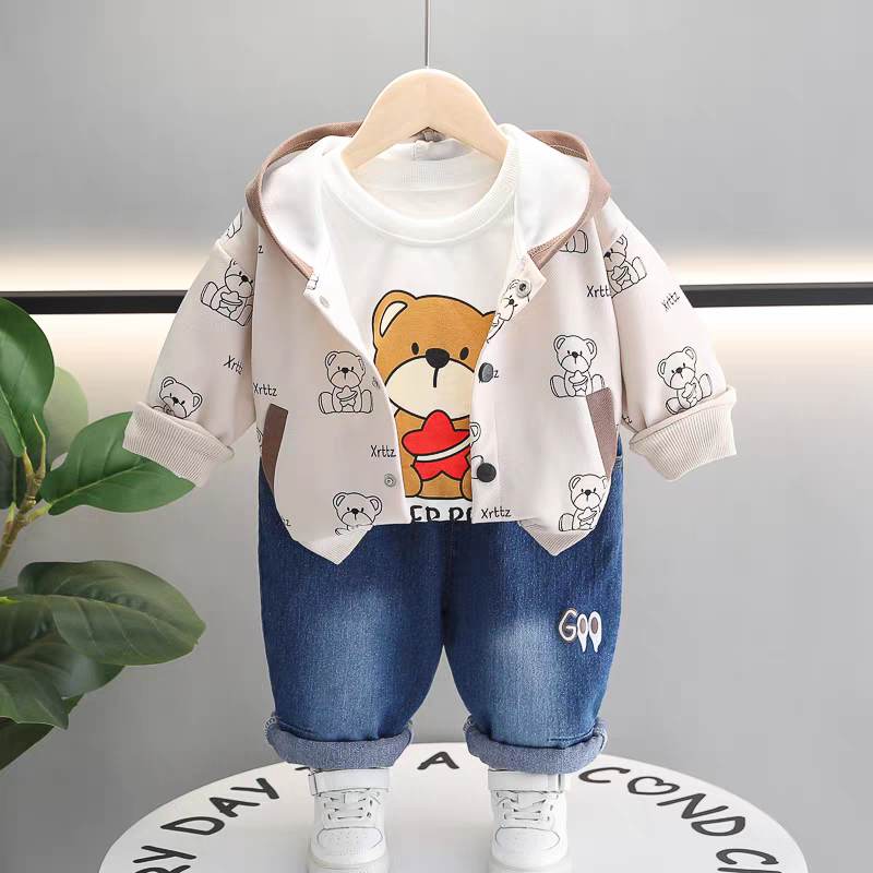 🧸 Cute Bear Print 3-Piece Kids Outfit Set – Hoodie, T-Shirt & Jeans Combo