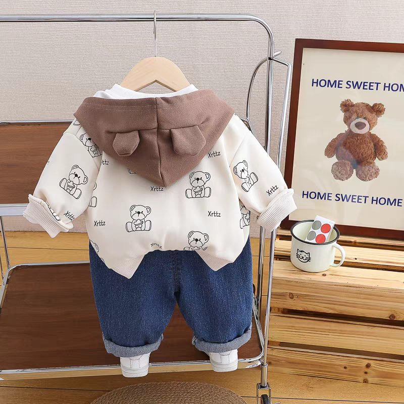 🧸 Cute Bear Print 3-Piece Kids Outfit Set – Hoodie, T-Shirt & Jeans Combo