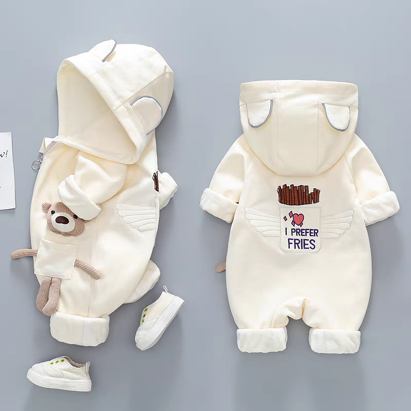 Hooded Baby Romper with Teddy Pocket – Warm & Whimsical Style