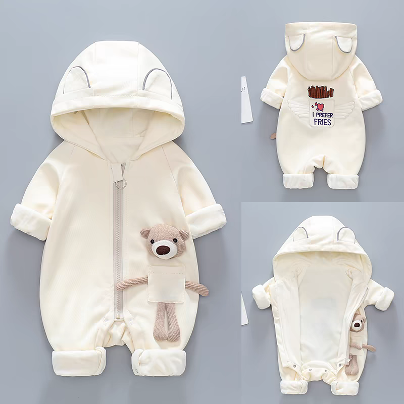 Hooded Baby Romper with Teddy Pocket – Warm & Whimsical Style
