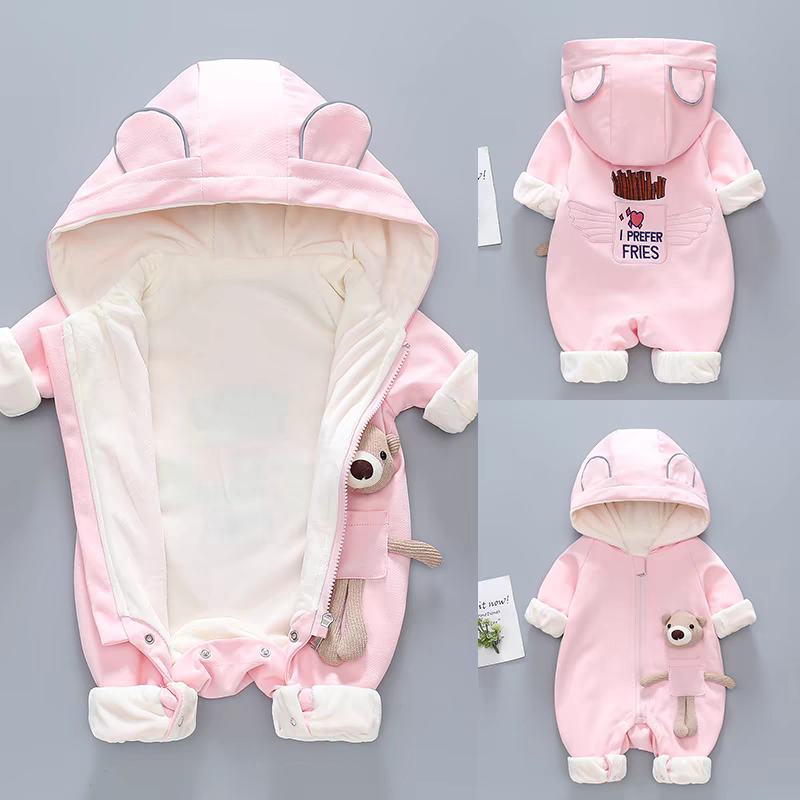 Hooded Baby Romper with Teddy Pocket – Warm & Whimsical Style