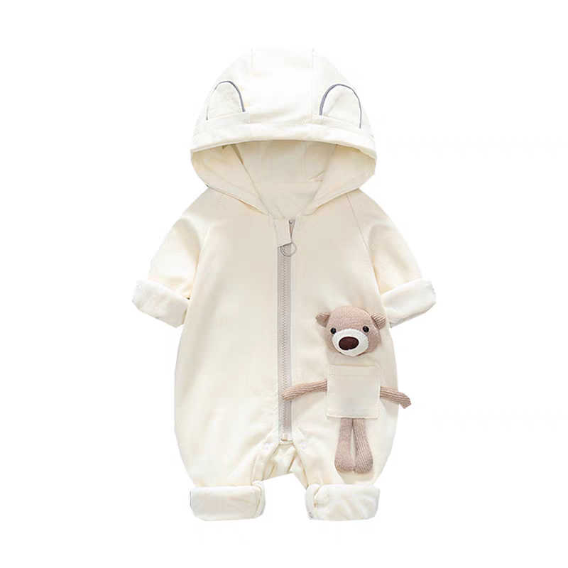 Hooded Baby Romper with Teddy Pocket – Warm & Whimsical Style