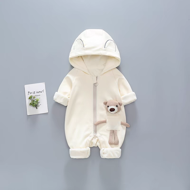 Hooded Baby Romper with Teddy Pocket – Warm & Whimsical Style