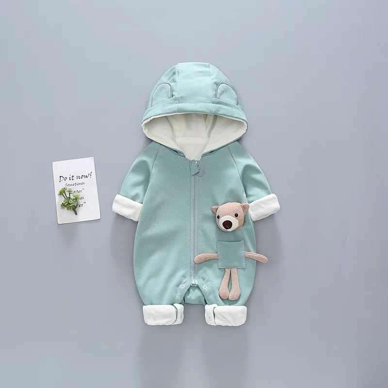 Hooded Baby Romper with Teddy Pocket – Warm & Whimsical Style