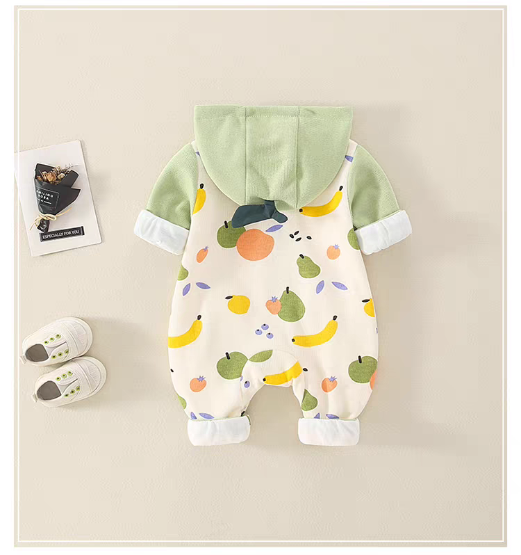 Fruity Fun Hooded Baby Romper – Leaf Cap Design & Colorful Prints