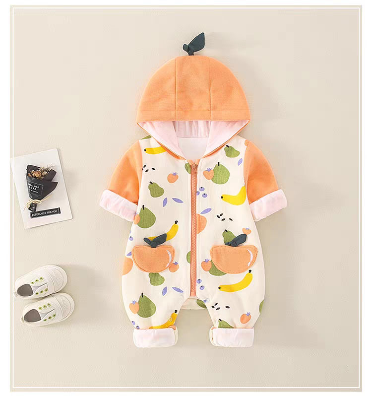 Fruity Fun Hooded Baby Romper – Leaf Cap Design & Colorful Prints