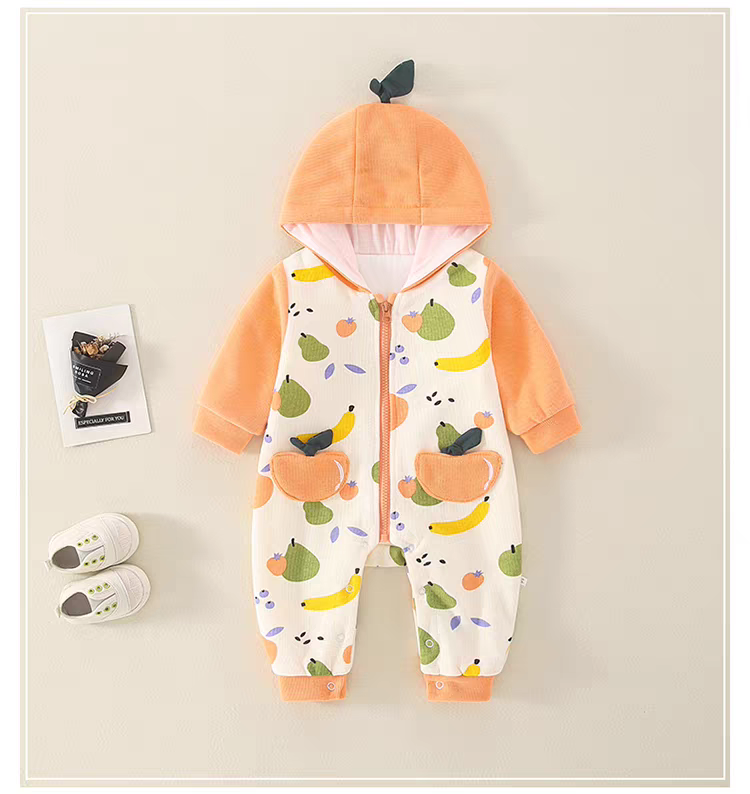 Fruity Fun Hooded Baby Romper – Leaf Cap Design & Colorful Prints