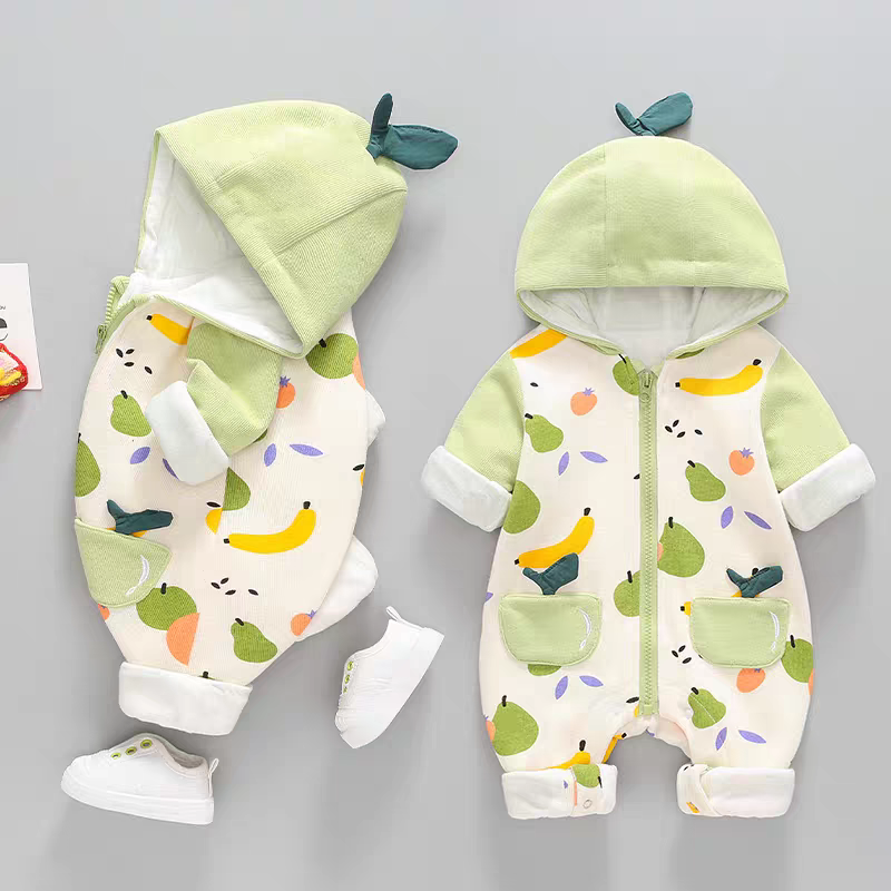 Fruity Fun Hooded Baby Romper – Leaf Cap Design & Colorful Prints