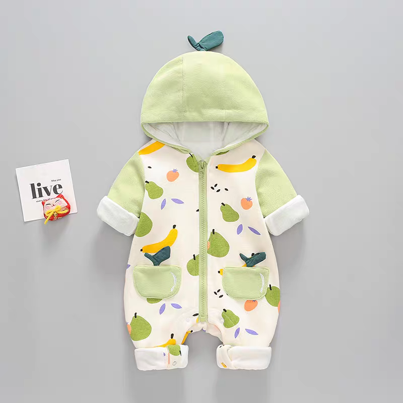Fruity Fun Hooded Baby Romper – Leaf Cap Design & Colorful Prints