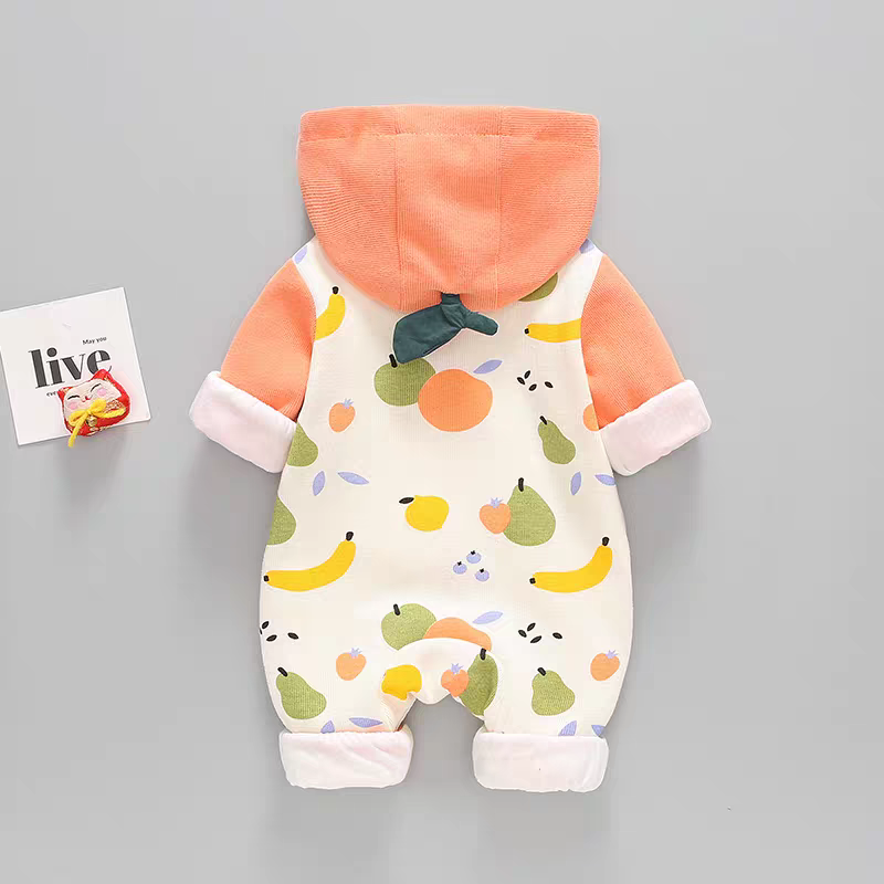 Fruity Fun Hooded Baby Romper – Leaf Cap Design & Colorful Prints