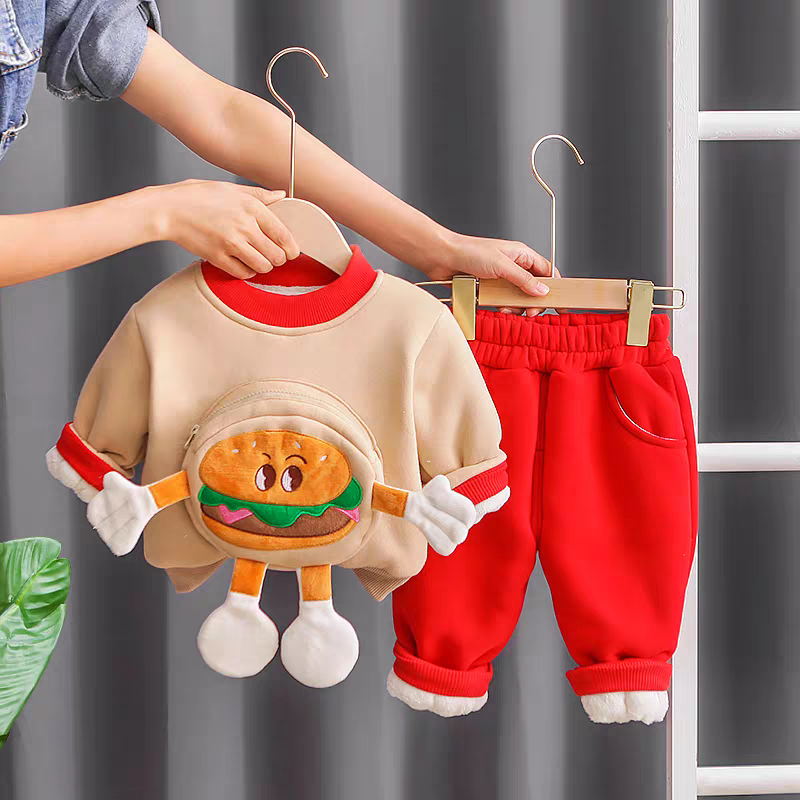 🌟👶 Fun Burger Character Kids Tracksuit - Soft Fleece Lined Sweatshirt & Pants Set for Little Ones!
