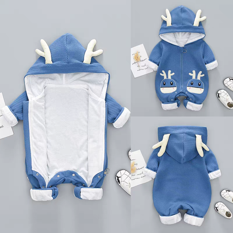 ✨🍼 Cute Antlered Hooded Baby Jumpsuit - Soft & Playful Infant Romper with Deer Face Applique