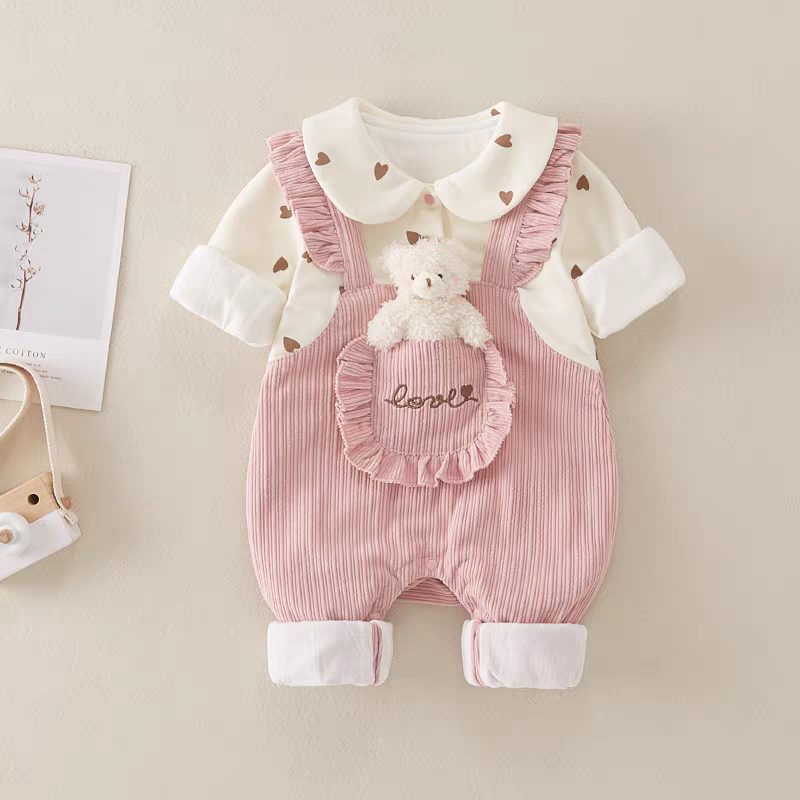 Cute Baby Girl Corduroy Romper Set | Soft Cotton Heart Print Outfit (Pink & Mustard)