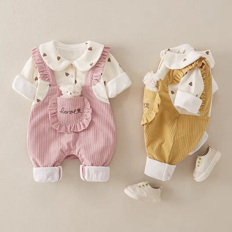 Cute Baby Girl Corduroy Romper Set | Soft Cotton Heart Print Outfit (Pink & Mustard)
