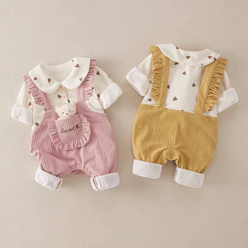 Cute Baby Girl Corduroy Romper Set | Soft Cotton Heart Print Outfit (Pink & Mustard)