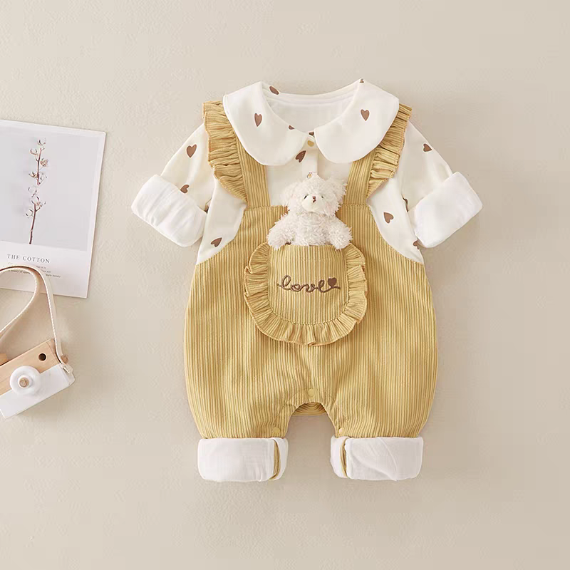 Cute Baby Girl Corduroy Romper Set | Soft Cotton Heart Print Outfit (Pink & Mustard)