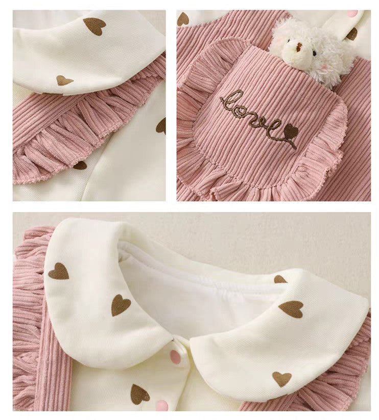 Cute Baby Girl Corduroy Romper Set | Soft Cotton Heart Print Outfit (Pink & Mustard)