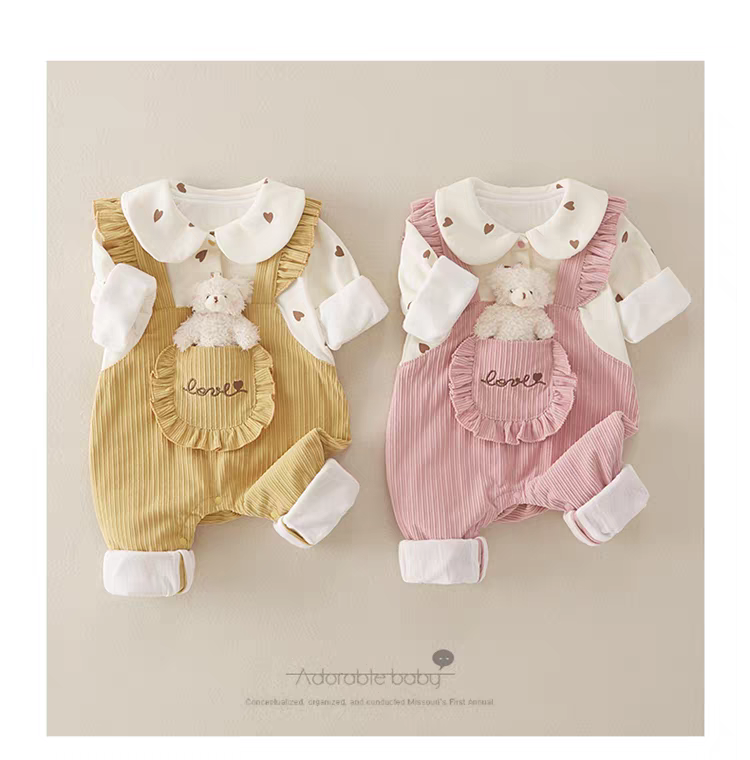 Cute Baby Girl Corduroy Romper Set | Soft Cotton Heart Print Outfit (Pink & Mustard)