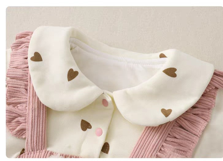 Cute Baby Girl Corduroy Romper Set | Soft Cotton Heart Print Outfit (Pink & Mustard)