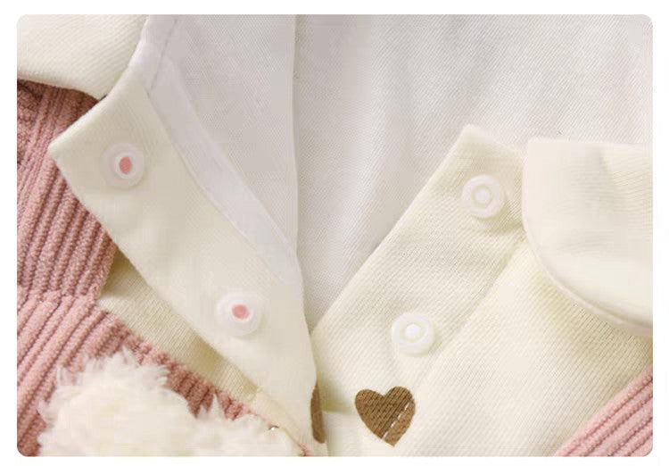 Cute Baby Girl Corduroy Romper Set | Soft Cotton Heart Print Outfit (Pink & Mustard)