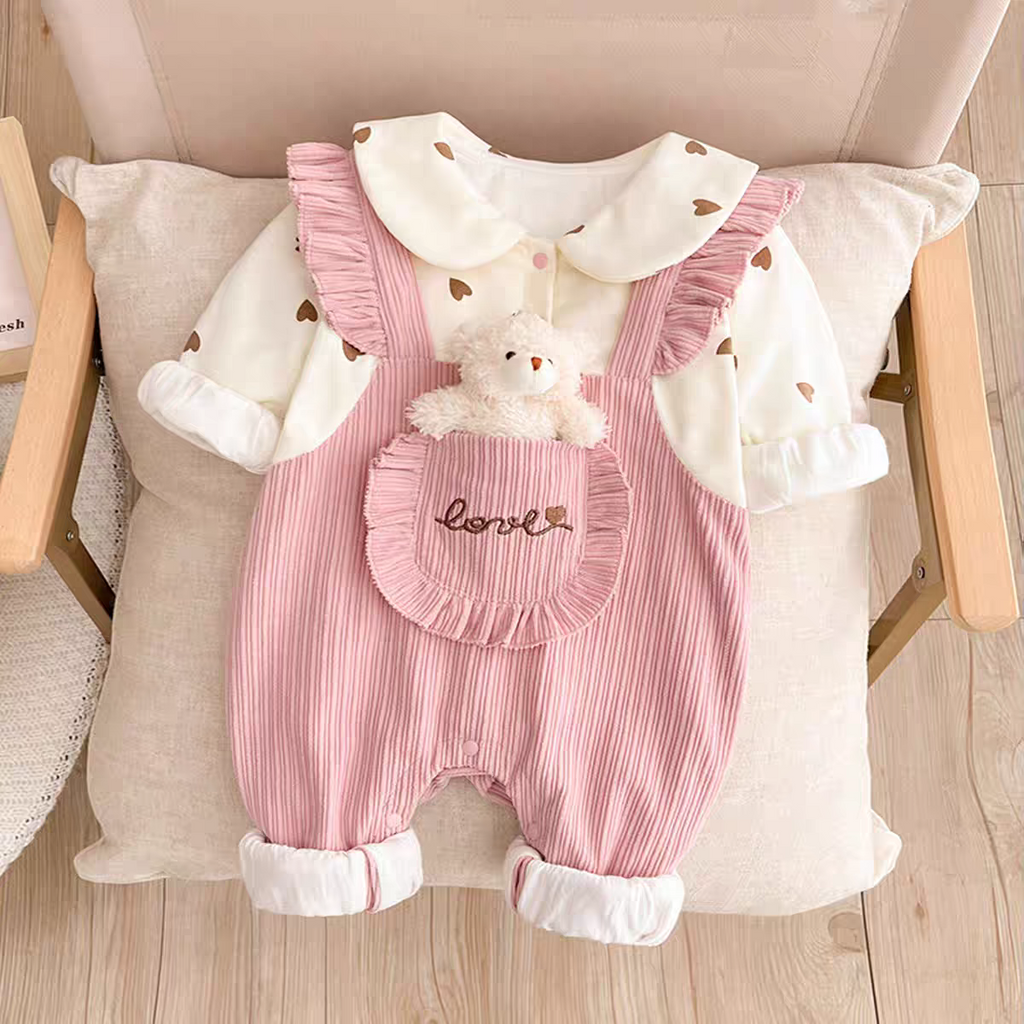 Cute Baby Girl Corduroy Romper Set | Soft Cotton Heart Print Outfit (Pink & Mustard)