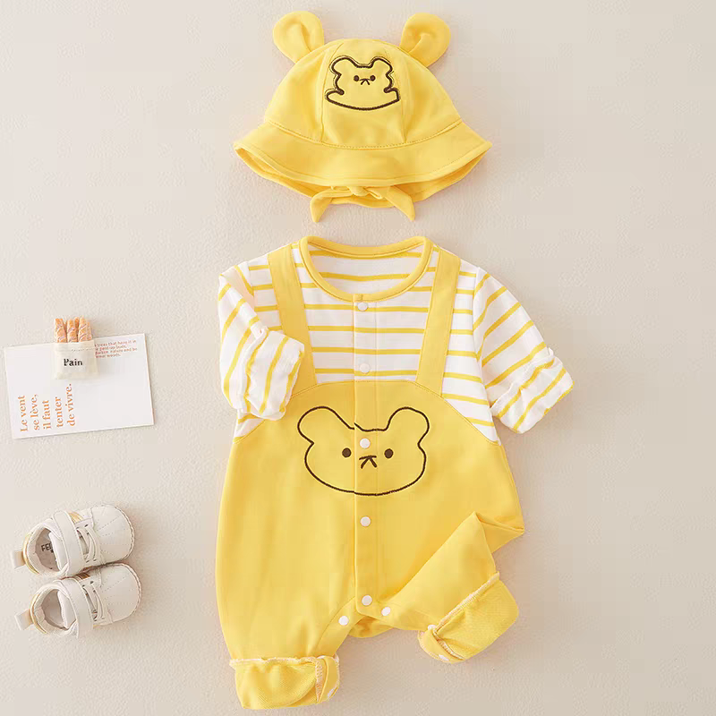 Baby Yellow Bear Print Romper with Bucket Hat – Lightweight Summer Cotton Jumpsuit for Boys & Girls