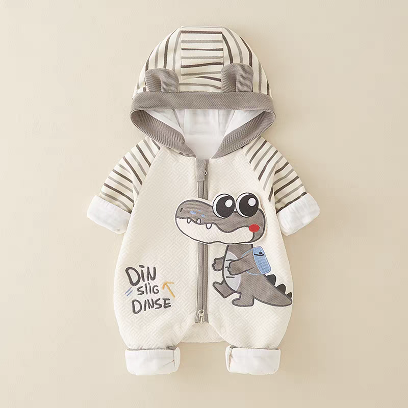 Baby Dino Crocodile Print Hooded Romper – Lightweight Summer Cotton Jumpsuit for Boys & Girls | Available in Green & Grey
