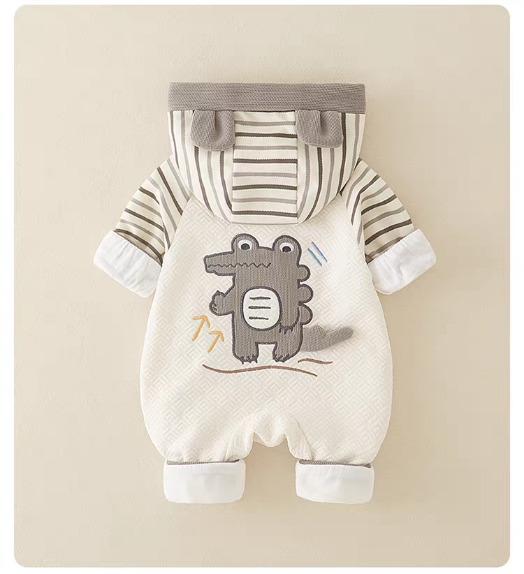 Baby Dino Crocodile Print Hooded Romper – Lightweight Summer Cotton Jumpsuit for Boys & Girls | Available in Green & Grey