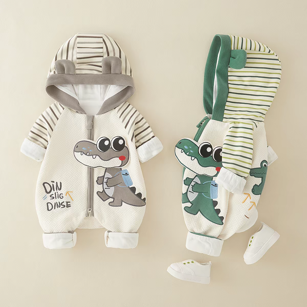 Baby Dino Crocodile Print Hooded Romper – Lightweight Summer Cotton Jumpsuit for Boys & Girls | Available in Green & Grey