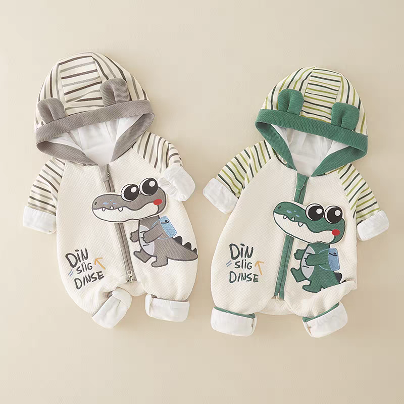 Baby Dino Crocodile Print Hooded Romper – Lightweight Summer Cotton Jumpsuit for Boys & Girls | Available in Green & Grey