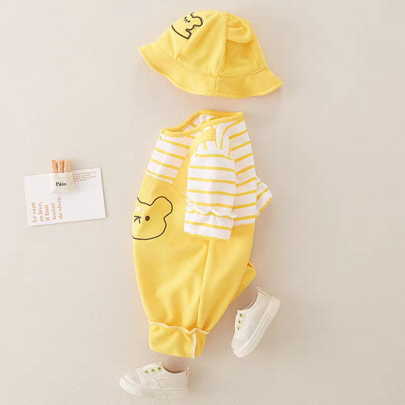 Baby Yellow Bear Print Romper with Bucket Hat – Lightweight Summer Cotton Jumpsuit for Boys & Girls