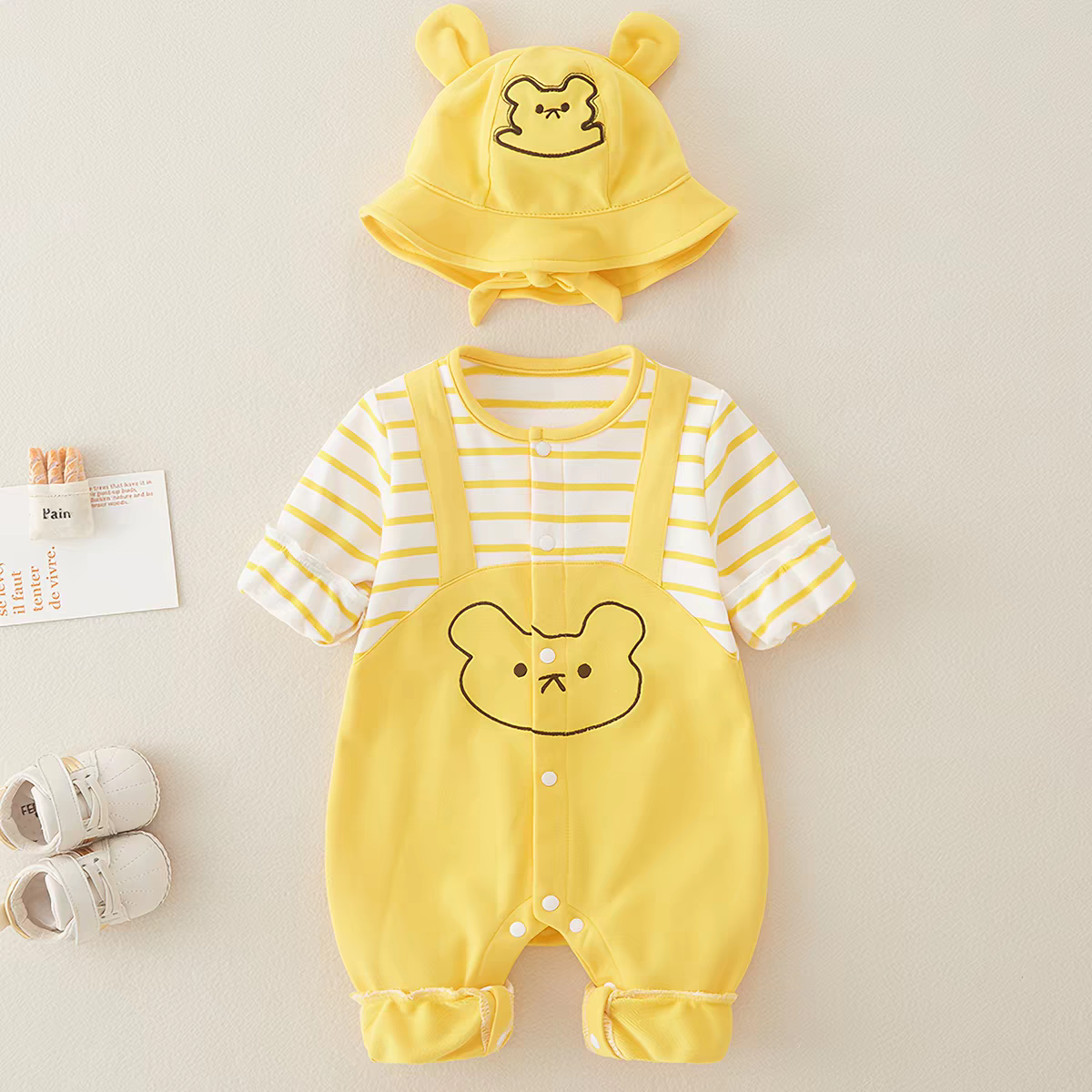 Baby Yellow Bear Print Romper with Bucket Hat – Lightweight Summer Cotton Jumpsuit for Boys & Girls