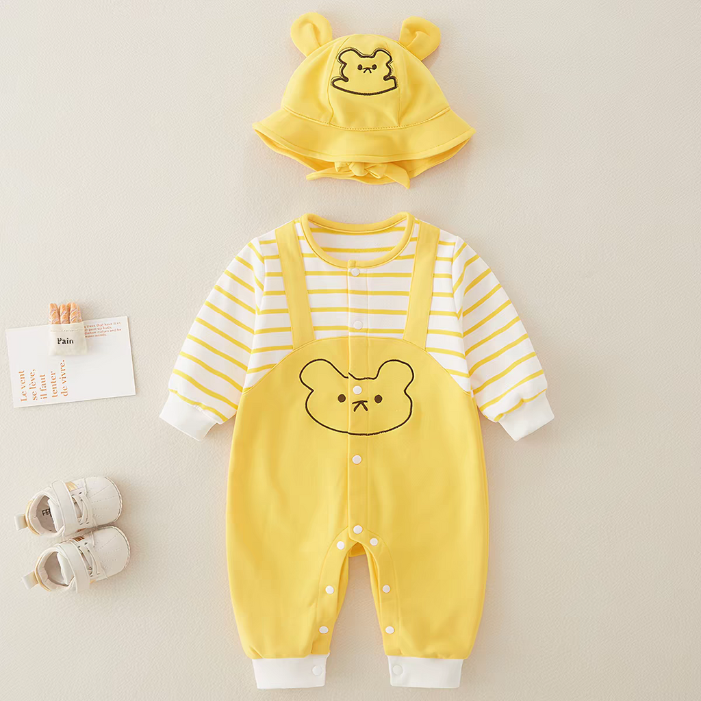 Baby Yellow Bear Print Romper with Bucket Hat – Lightweight Summer Cotton Jumpsuit for Boys & Girls